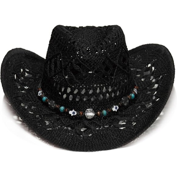 Faux Raffia Cowboy Hat Wide Brim Sun Protection Beach Vacation Accessory main image 4